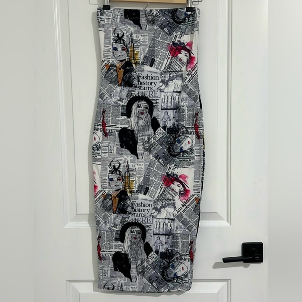❤️ NEW STYLISH Strapless Dress with Newspaper Print
